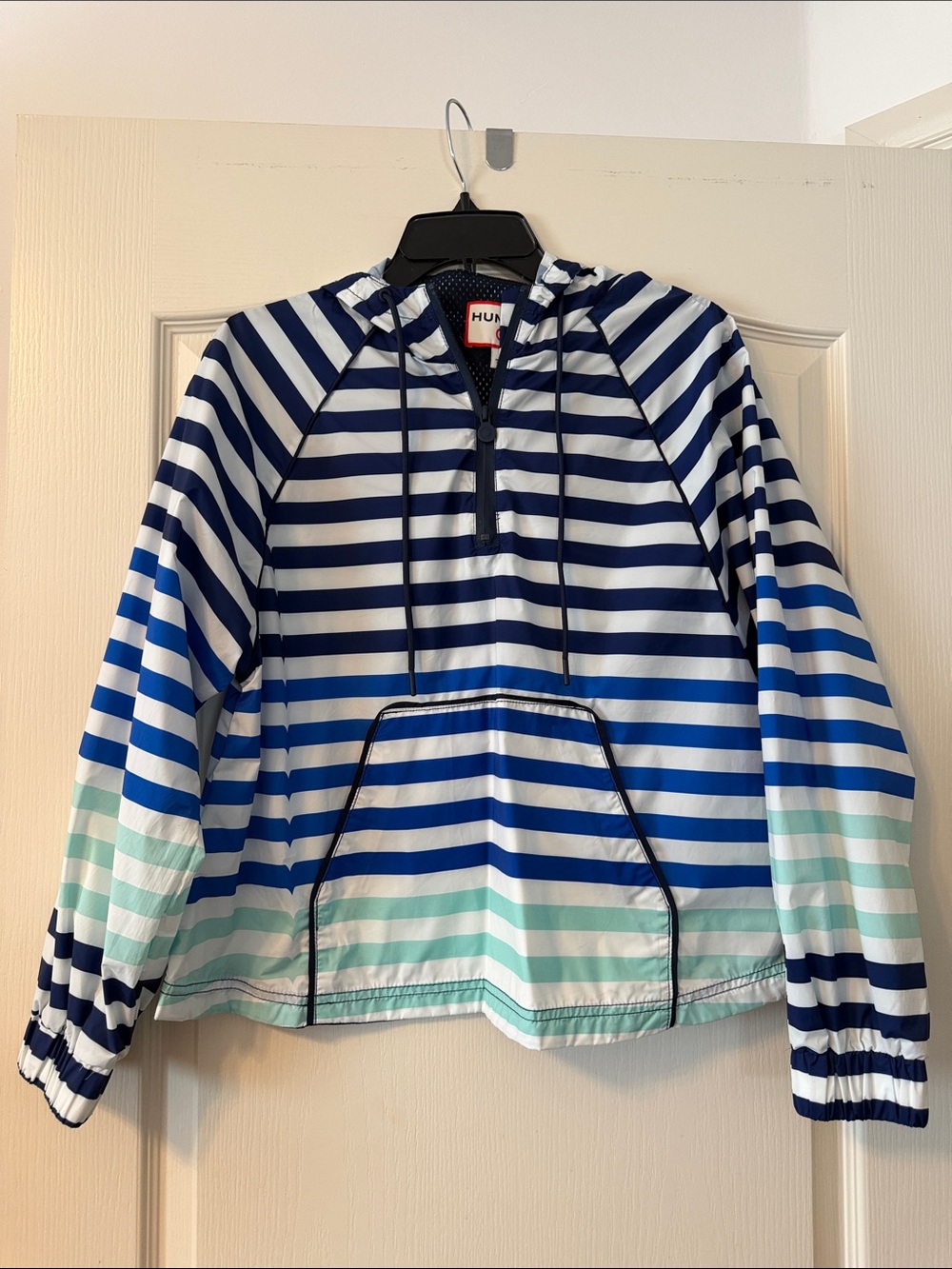 Hunter Blue, Navy & Aqua Striped Hooded Rain jacket